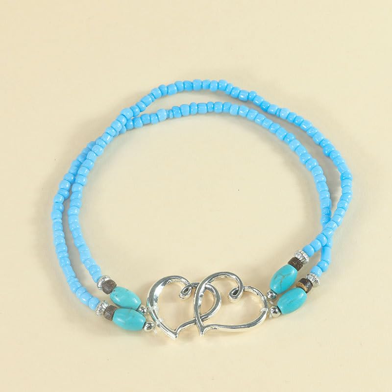 Elastic Beaded Ankle Bracelets for Women Double Heart Layered Stretch Ankle Bracelets Waterproof Dainty Boho Beaded Anklets for Summer Beach Foot Jewelry - color: Blue Silver