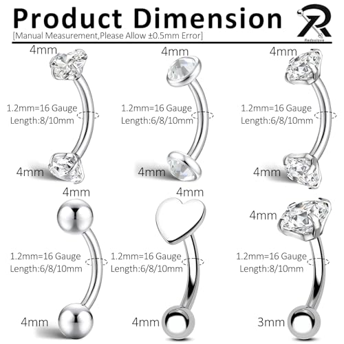 G23 Titanium Rook Piercing jewelry 16G Eyebrow Rings Curved Navel Barbell | Internally Threaded Dainty Helix Earrings Curved Barbell Small Belly Button Rings for Women - color: D, size: Length:6mm