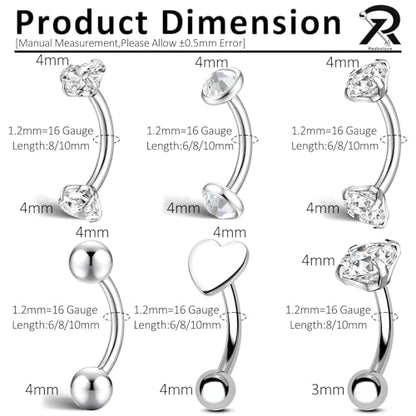 G23 Titanium Rook Piercing jewelry 16G Eyebrow Rings Curved Navel Barbell | Internally Threaded Dainty Helix Earrings Curved Barbell Small Belly Button Rings for Women - color: F, size: Length:8mm
