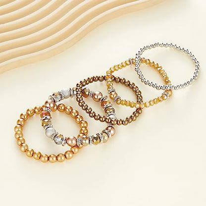 Noessla Beaded Pearl Stretch Bracelet Silver Stackable Crystal Beads Bracelets Trendy Costume Jewelry Mothers Day Gifts for Women - color: Champagne