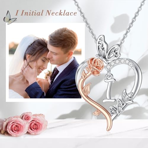 TOUPOP Gifts for Women Her 925 Sterling Silver Rose Heart Initial Necklace Butterfly Heart Jewelry Anniversary Birthday Gifts for Wife Girlfriend Mom - color: I Initial
