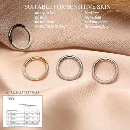 Opal Septum Jewelry Surgical Steel Septum Ring Daith Rook Tragus Earring | Hinged Segment Nose Hoop Ring,Hypoallergenic Septum Piercings for Women,Conch Cartilage Helix Jewelry,Diameter 6mm to 10mm - color: Silver,White Opal, size: 16G 9mm