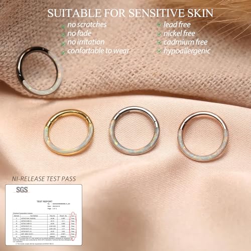 Opal Septum Jewelry Surgical Steel Septum Ring Daith Rook Tragus Earring | Hinged Segment Nose Hoop Ring,Hypoallergenic Septum Piercings for Women,Conch Cartilage Helix Jewelry,Diameter 6mm to 10mm - color: Rose Gold,White Opal, size: 16G 10mm