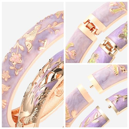 UJOY Cloisonne Indian Bangle Colored Crystal Plated Hinge Cuff Bracelet Hollowed Bird Enamel Jewelry Gift 55C49 - color: 2 Pcs/set-Purple
