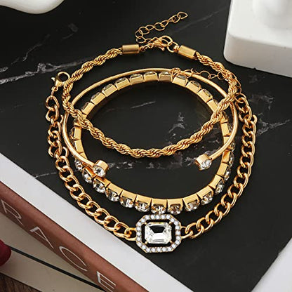 4 Pcs Dainty Gold Silver Bracelets Set for Women 14K Plated Link Cubic Zirconia Paperclip Stake Layering Chain Adjustable Trendy Hand Jewelry - color: Golden
