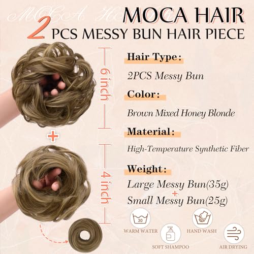 2PCS Messy Bun Hair Pieces Synthetic Hairpieces For Women | Messy Bun and Donut Bun in one set for natural-looking volume and elegant updos for every occasion. - color: Brown Mixed Honey Blonde