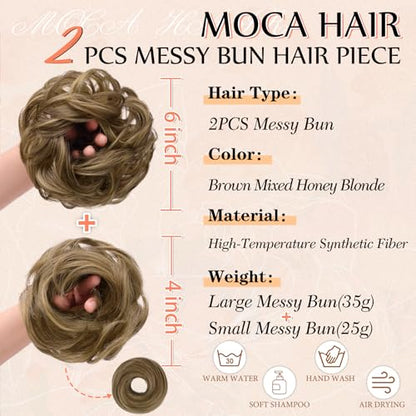 2PCS Messy Bun Hair Pieces Synthetic Hairpieces For Women | Messy Bun and Donut Bun in one set for natural-looking volume and elegant updos for every occasion. - color: Brown Mixed Honey Blonde