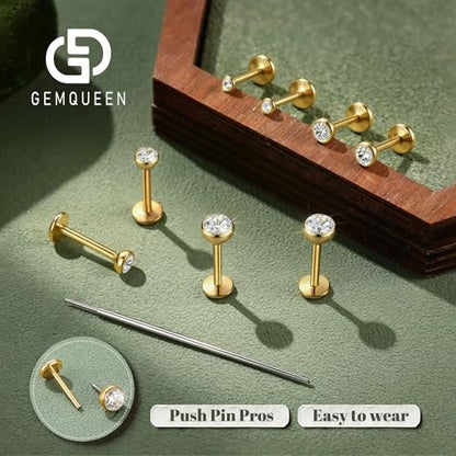 GEMQUEEN 4 Pairs 16G/18G/20G G23 Titanium Implant Grade Nose Studs Threadless Flat Back Earrings Hypoallergenic Flatback 5A CZ Cartilage Helix Tragus Conch Tiny Lip Piercing Jewelry for Women Men - color: Gold-18G(1.0MM)-Bar-6/8MM&CZ-2/3/4MM