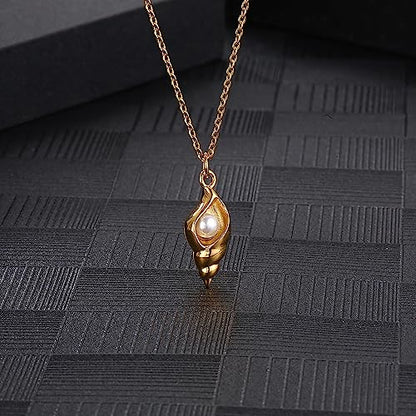18K Gold Plated Stainless Steel Bee Honeycomb Pendant Necklace, Adjustable Y Lariat Conch/Guitar/Horseshoe Necklace for Women - color: Gold, style: Conch Pearl