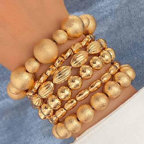 KISS WIFE Gold Beaded Bracelets for Women, Stackable Stretch Bracelet Set | 13 stretch bracelets combine polished gold-tone beads and faux pearls for stacked or individual everyday styling. - color: Gold Matte