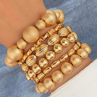 KISS WIFE Gold Beaded Bracelets for Women, Stackable Stretch Bracelet Set | 13 stretch bracelets combine polished gold-tone beads and faux pearls for stacked or individual everyday styling. - color: Gold Matte