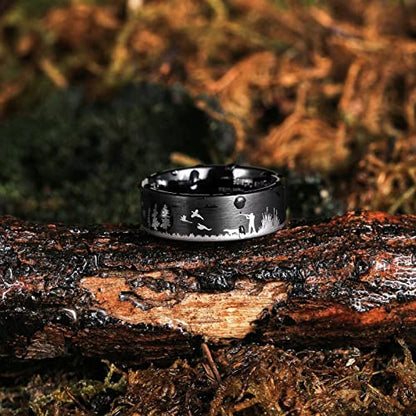 King Will Mens 6mm 8mm Tungsten Carbide Wedding Bands Inlay Lasered Brushed Wedding Rings for Men Women | Brushed, Lasered Seagull/Forest Landscap/Panda/Deer/Hunting/Fly Fishing, Comfort Fit, Everyday Wear - color: Hunting