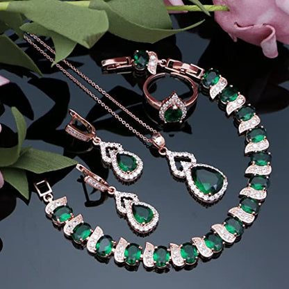 LMXXVJ Women Jewelry Set Platinum Plated Necklace Open Ring Earrings Bracelet Set,Birthday/Anniversary Mother’s Day Jewelry Gifts for Mom/Wife/Sister/Best Friend - color: Rose Gold-Green