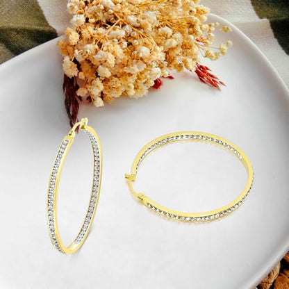2 Inch Earrings for Women, Large Hoop Earrings for Women Rhinestone Crystal Stainless Steel Earrings - color: Gold