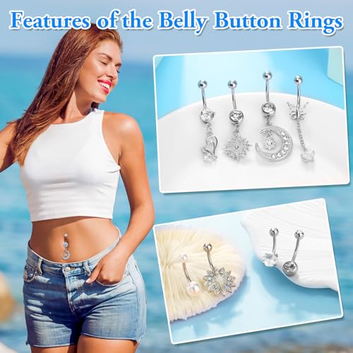 Lucomb Belly Rings for Women, 14G Belly Button Rings for Women Stainless Steel Dangle Belly Piercings Jewelry Rings with Hear Moon Butterfly Flowers - color: Silver
