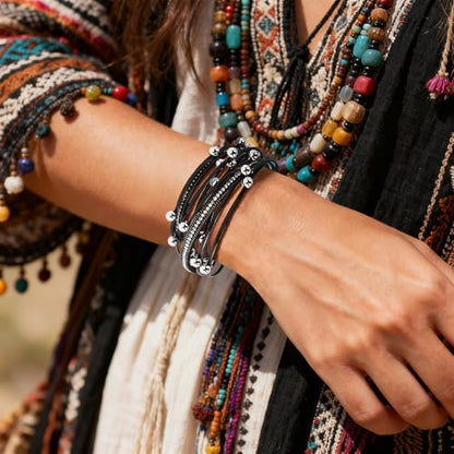 Wrapped Bracelets for Women,Leather Boho Bracelets for Women - color: Doubleloop-Black
