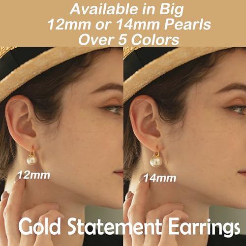 HUGE TOMATO 925 Sterling Silver Simulated Shell Pearl Earrings for Women Trendy, Big Pearl Drop Earrings Leverback Stud,18K Gold Plated Large Pearl Hoop Dangle Hypoallergenic Jewelry 14mm - color: White