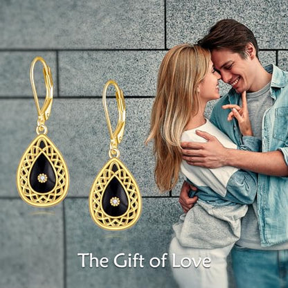 Sterling Silver Black Onyx Earrings for Women 18K Yellow Gold Plated Jewelry Gifts - style: Filigree Teardrop 2