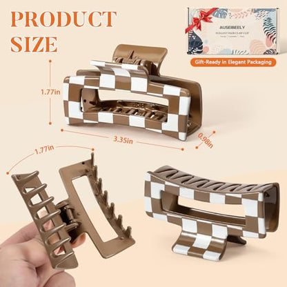 Auseibeely 6 Pcs Checkered Hair Clips for Women, 3.35 Inch Medium Square Claw Clips for Thin Hair, Cute Y2K Checkerboard Hair Accessories, Non-Slip Neutral Tone Banana Jaw Clip, Black White Brown - color: Checkered-3.35 Inch