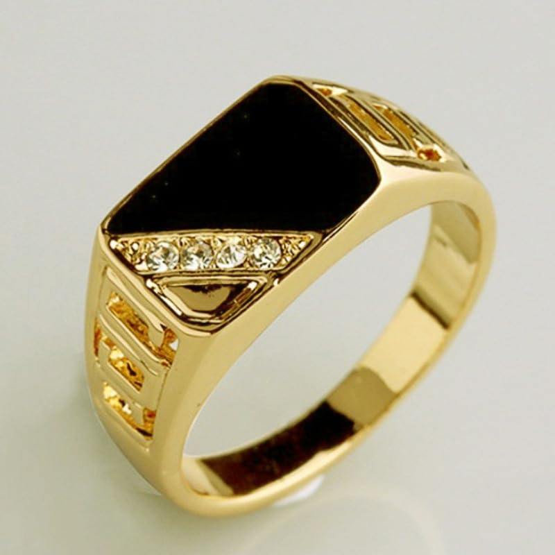 Men's Geometric Black Onyx Ring,Men's Square Ring 925 Sterling Silver /14K Gold Resin Inlay Cubic Zirconia Fashion Statement Ring for Men Fashion Statement Jewelry(Gold，Size 7) - color: Gold, size: Size 7