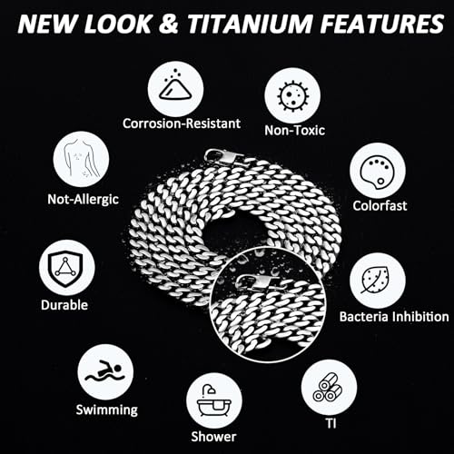 SanThree 7mm Pure Titanium Curb Link Chain Necklace, Smooth Skin Friendly Solid Titanium Chunky Double Tight Cuban Chain Necklaces Gift for Men Women Sensitive Skin Hip Hop Jewelry - color: 25.59 Inches