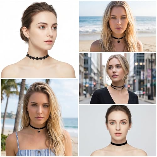 10Pcs Black Choker Necklaces Black Velvet Choker Set for Women | Adjustable Layered Velvet Chokers, Lace Chokers, Necklace Accessories
