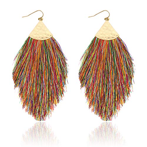Bohemian Silky Thread Fan Fringe Tassel Statement Earrings - Lightweight Strand Feather Shape Dangles - color: Feather Fringe - Dark Multicolor