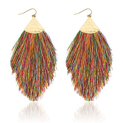 Bohemian Silky Thread Fan Fringe Tassel Statement Earrings - Lightweight Strand Feather Shape Dangles - color: Feather Fringe - Dark Multicolor