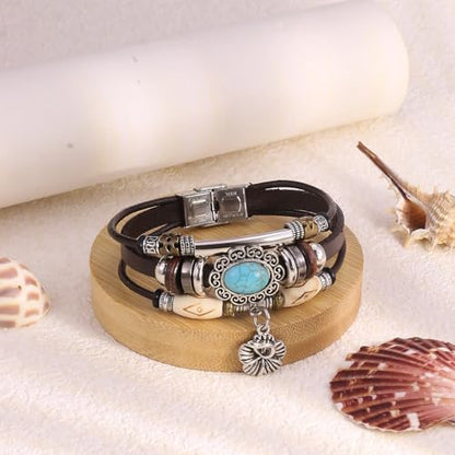 INENIMARTJ Western Turquoise Leather Wrap Bracelets for Men Women Boho Multilayer Turquoise Cuff Wrap Bracelet Western Bracelet Jewelry for Men and Woman - color: 20coffee