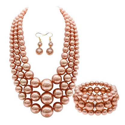 We We Imitation Pearl Necklace for Women Large Chunky Pearl Necklaces Multilayer Pearl Necklace and Earring 1920s Costume Jewelry set - color: champagne pearl necklace set