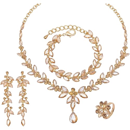 CSY Elegant Bridal Jewelry Sets Wedding Prom Homecoming Gown Accessories | Austrian Marquise Crystal Wedding Necklace Dangle Earrings Tennis Bracelet Ring Set for Bride Women Costume Accessories - color: champagne gold