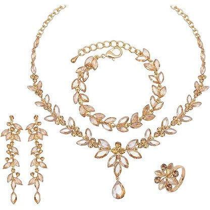 CSY Elegant Bridal Jewelry Sets Wedding Prom Homecoming Gown Accessories | Austrian Marquise Crystal Wedding Necklace Dangle Earrings Tennis Bracelet Ring Set for Bride Women Costume Accessories - color: champagne gold