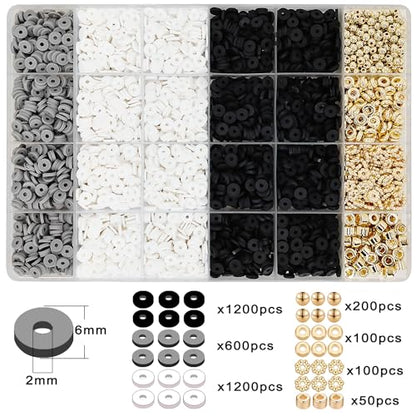 MIIIM Black and White Clay Bead Bracelet Kit, Heishi Beads, Flat Beads and Gold Spacer Beads for Jewelry Making, Friendship Bracelet Beads Kit for Crafts, Concert, Raves, Gifts - color: Black and White
