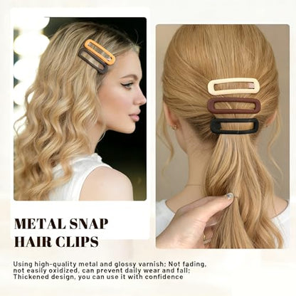 24 Pcs Rectangle Snap Hair Clips for Women Girls, 2.7 inch Large No Slip Neutral Matte Metal Hair Barrettes for Thick Thin Fine Hair - color: Black/Brown/Khaki/Grey/Pink/Beige