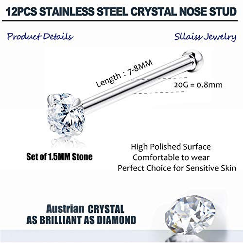 20G Nose Studs Rings Surgical Steel Austrian Crystal Nose Rings | Hypoallergenic,Nose Studs,316L Stainless Steel,Cartilage Earrings,Lip,Helix,Piercing Jewelry for Women,12Pcs 1.5mm