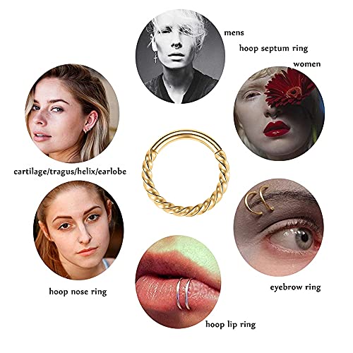 MissNity 316L Surgical Steel Hinged Nose Rings Hoop 20G 18G 16G 14G, Diameter 6mm to 10mm, Color Gold - Rose Gold - Silver - Black - Rainbow - color: C21: Gold - 1pc
