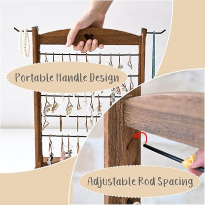 Ikee Design Wooden 120 pairs Earrings Display Stand, Jewelry Necklace Display Rack, Jewelry Organizer with 60 Mini Hangers and 2 Removable Hooks, Brown Color, 12.2W x 4.7D x 16.3H in