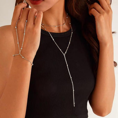 14K Gold Plated Y Necklace for Women – Dainty Lariat Long Pendant Chain, Layered Drop Necklace for V Neck Dress, Simple Sexy Cleavage Jewelry Gifts for Women - color: Silver - Double Layer - Bead