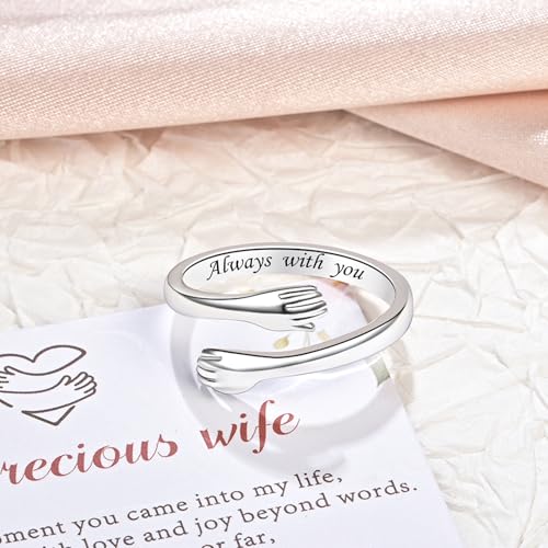 Sterling Silver Hug Ring for Women Teen Girls Adjustable Love Promise Ring Inspirational Open Rings Mothers Day Birthday Gift for Daughter Granddaughter Mom Wife Best Friend - color: Silver / Wife Gift (Always with you)