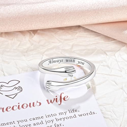 Sterling Silver Hug Ring for Women Teen Girls Adjustable Love Promise Ring Inspirational Open Rings Mothers Day Birthday Gift for Daughter Granddaughter Mom Wife Best Friend - color: Silver / Wife Gift (Always with you)
