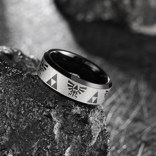 King Will Mens Tungsten Carbide Wedding Ring Game-Themed Laser Pattern Ring | Black/Blue, 8mm, Matte Finished, Stepped/Beveled Edges, Everyday Wear - color: Black