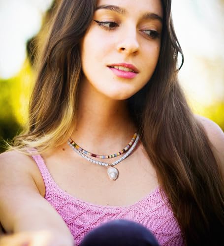 Aobei Pearl Gemstone Beaded Choker Necklace for Women Boho Turquoise/Cultured Freshwater Pearls/Garnet/Amazonite Jewelry - color: P Colorful Lava Beads
