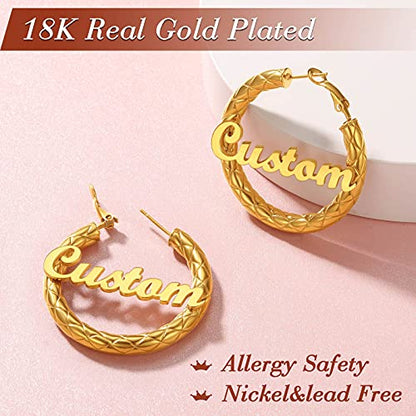 FindChic Chunky Hoop Earrings for Women, Silver/Black/14K Gold Plated Crossover Patterned Hollow Tube Rounded Loop Earrings, 30mm/40mm/60mm/80mm Hoops with Custom Name Options and Gift Box - color: f.Gold (Custom Name), size: 40MM
