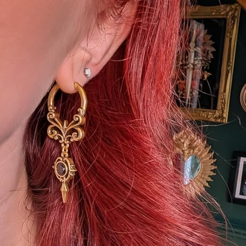 PUNKYOUTH Gothic Crest Dangle Drop Hoop Earrings Dark Alternative Piercing Jewelry 18G 1mm Antique Finish Ornate Scroll Cubic Zirconia Spike Statement Everyday Wear Accessories For Women Men - color: Crest earring-Gold