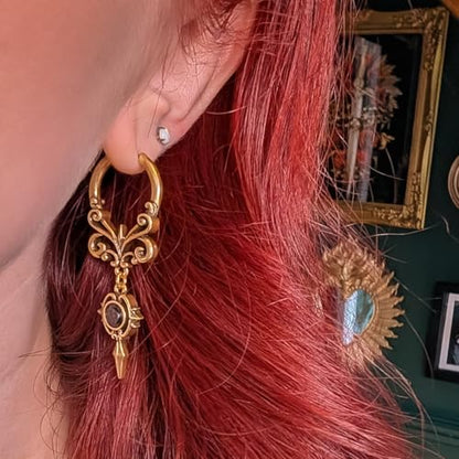 PUNKYOUTH Gothic Crest Dangle Drop Hoop Earrings Dark Alternative Piercing Jewelry 18G 1mm Antique Finish Ornate Scroll Cubic Zirconia Spike Statement Everyday Wear Accessories For Women Men - color: Crest earring-Gold