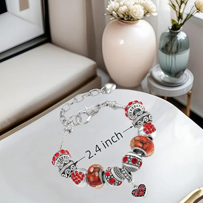 Pink Hearts Silver Plated Charm Bracelet, DIY Jewelry for Women with Beads, Charms, and Adjustable Snake Chain, Fits 7.5"+1.5" - color: Red, size: 19cm