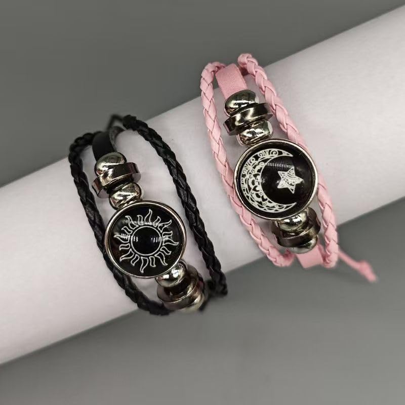 Sun Moon Matching Couple Bracelets for Him Her, Braided Faux Leather Adjustable Wristband, Vintage Sun Star Moon Cabochon Charm Jewelry Valentine Gift for Lovers Best Friends
