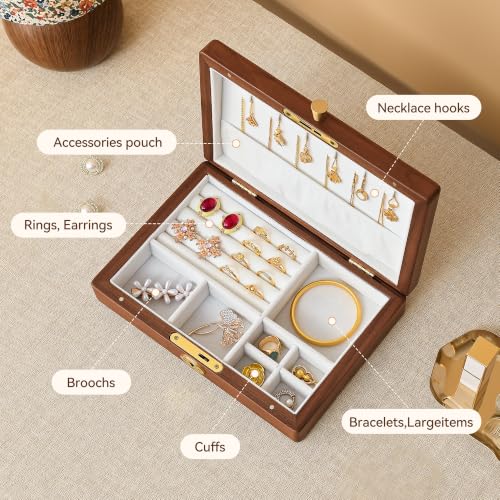 Black Walnut Wooden Lockable Jewelry Box, Natural Solid Wood Jewelry Organizer, Velvet Lined Case with Adjustable Dividers for Necklace Ring Earrings Bracelet, Handcrafted Gifts for Mom Women Girls - color: 1 Layer Lockable