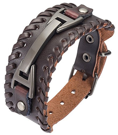 Leather Bracelet for Men Braided Stainless Steel Mens Bracelets - color: Brown 1
