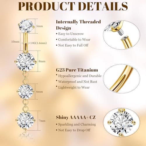 14G G23 Titanium Dangle Belly Button Rings for Women CZ Round Belly Rings Internally Threaded Flower Navel Ring Hypoallergenic Curved Barbell Belly Piercing Jewelry - style: CZ-Gold